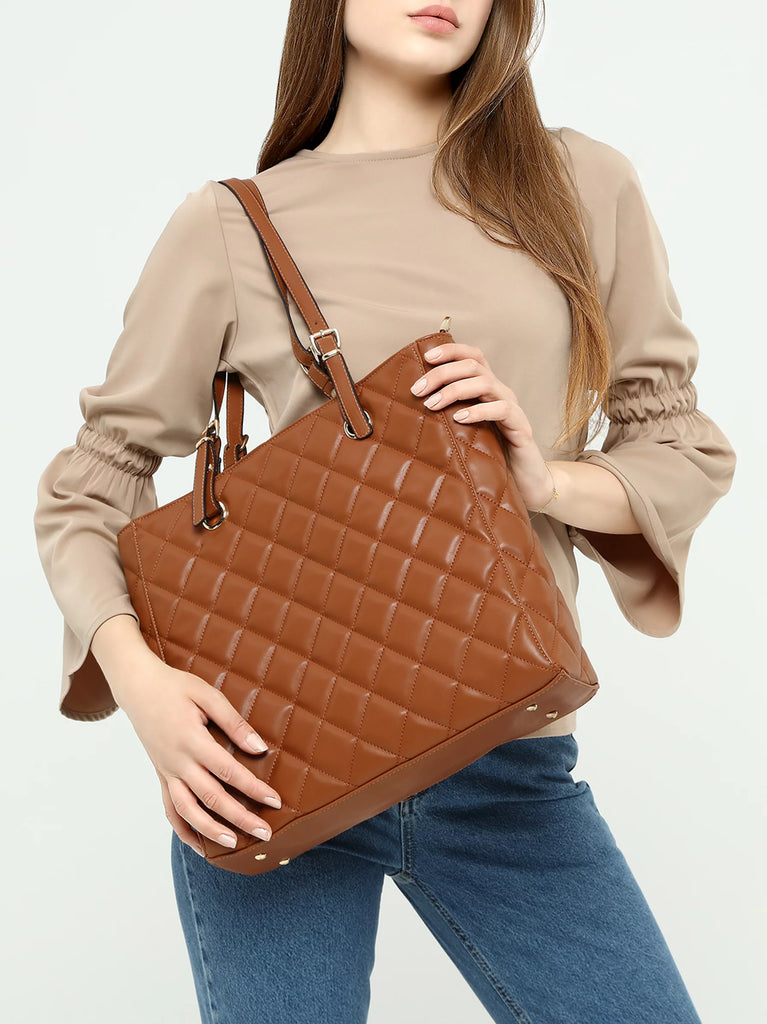 Tan Quilted Tote Shoulder Bag