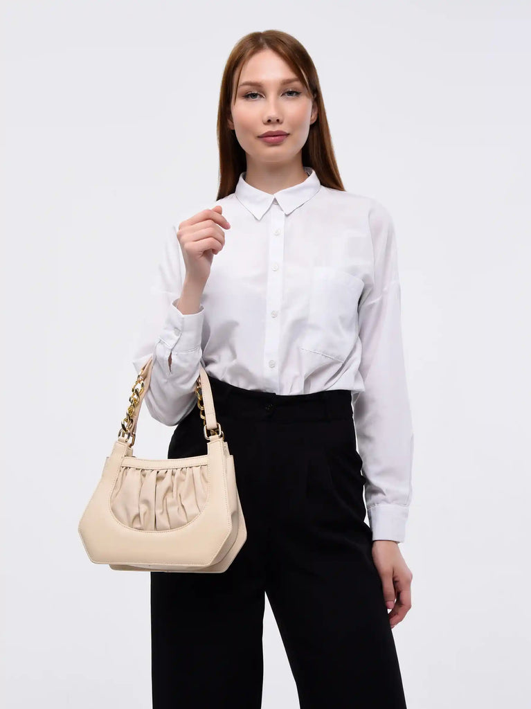 ruched handle cream shoulder bag